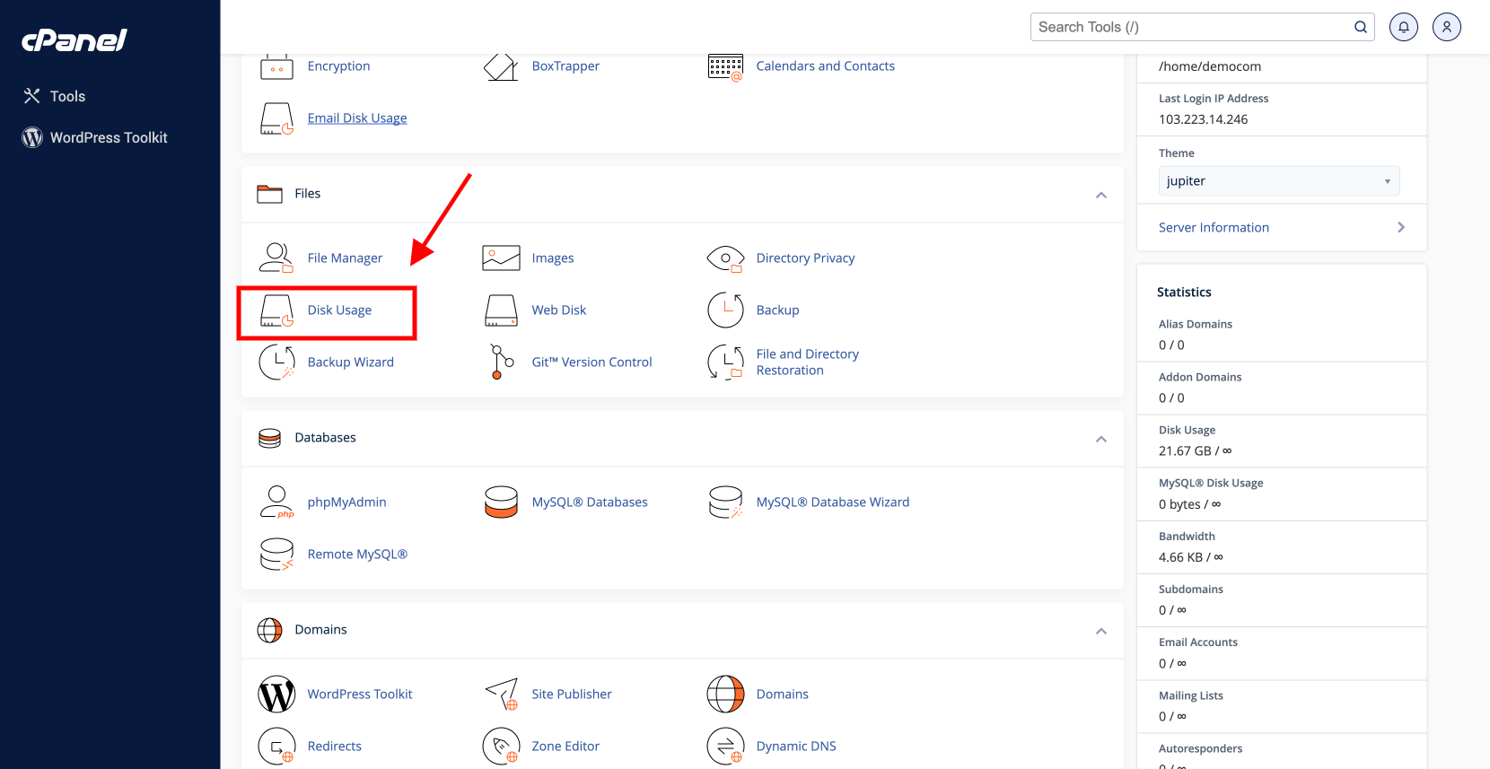 check disk usage in cpanel