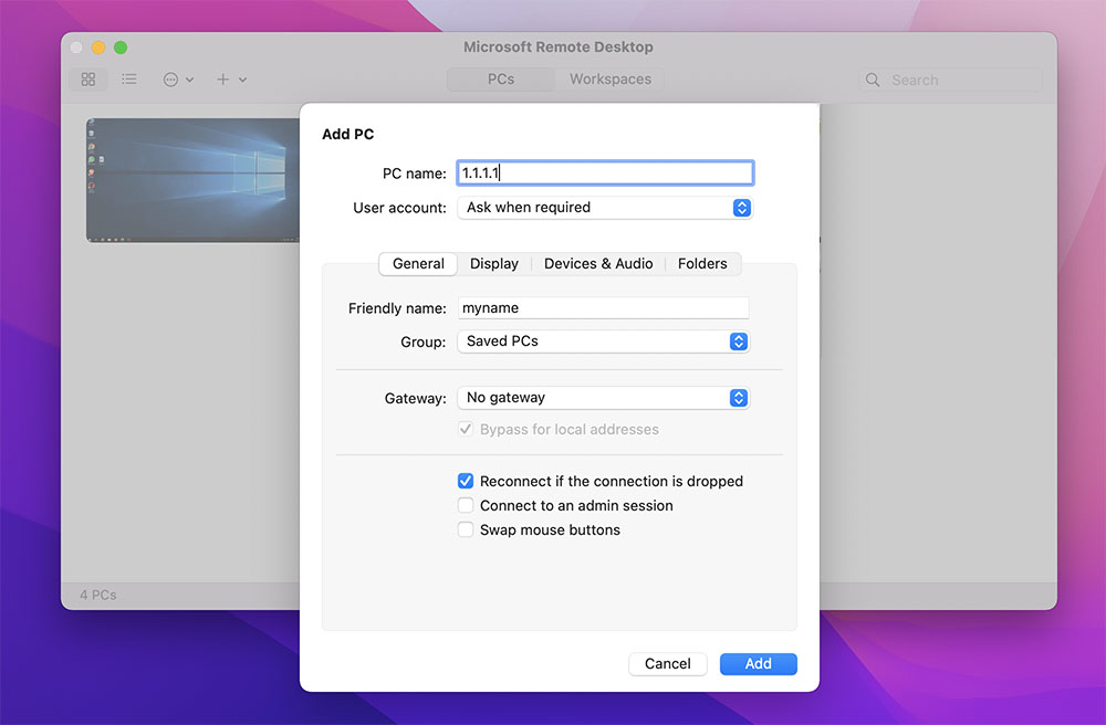 add ip address username rdp microsoft remote desktop on mac